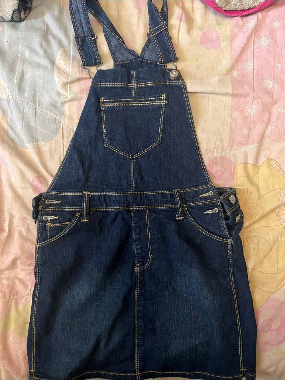 Jordache Dark Blue Denim Overall Dress with Contrast Stitching